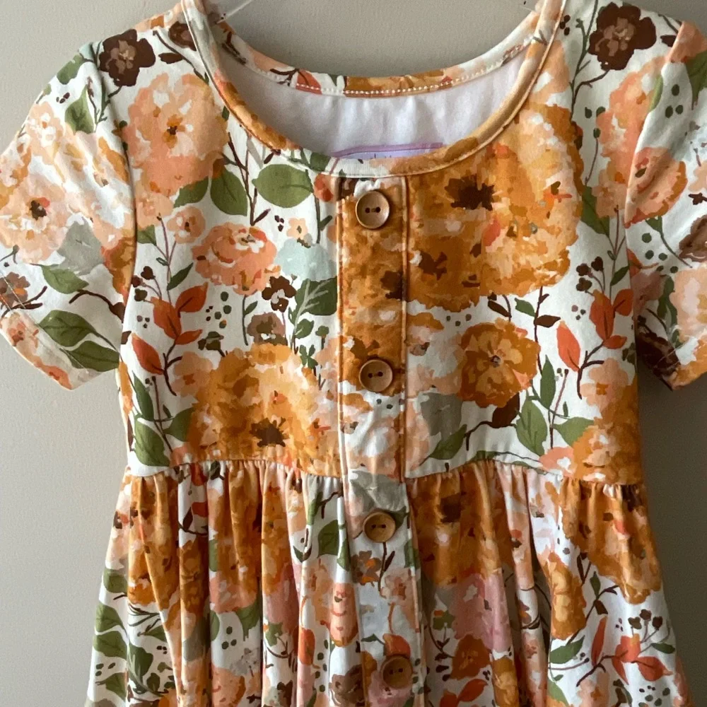 SweetHoney Orange and Green Pleated Sundress with Flutter Sleeves